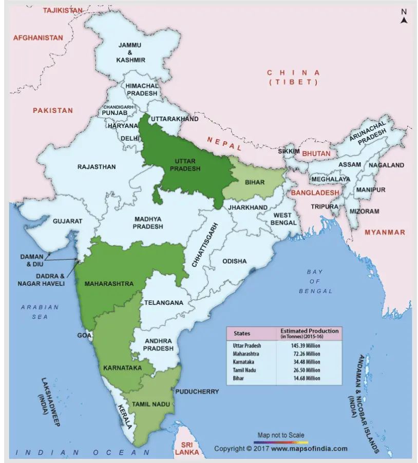 Major sugarcane-growing regions in India (2016)